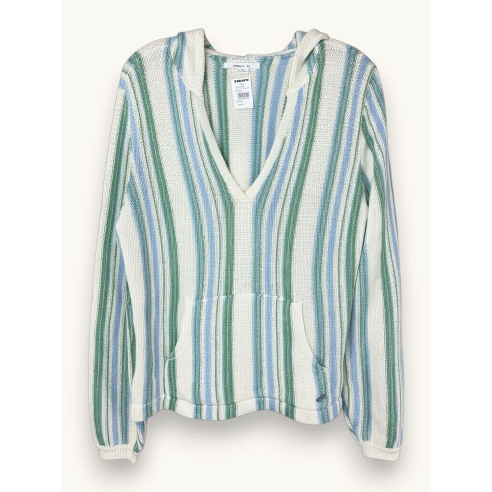 O'Neill Striped Hooded Sweater Cream Blue Green Pullover Hoodie L NWT